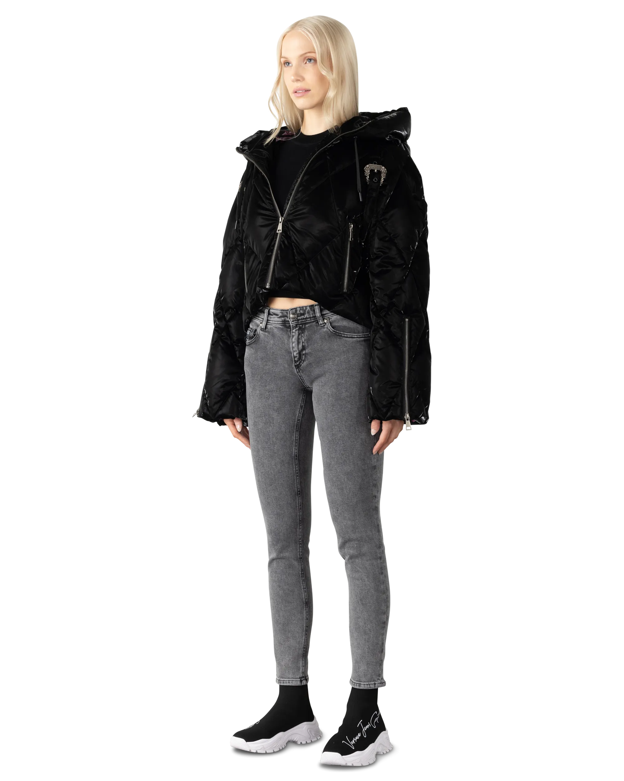 Baroque Buckle Hooded Puffer Bomber Jacket