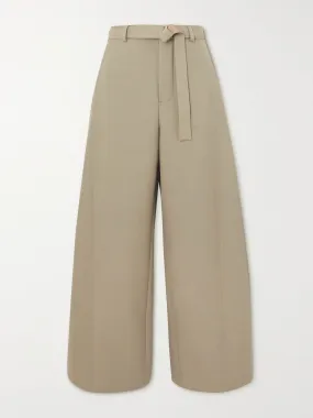 Beige belted, satin-trimmed wide-leg pants