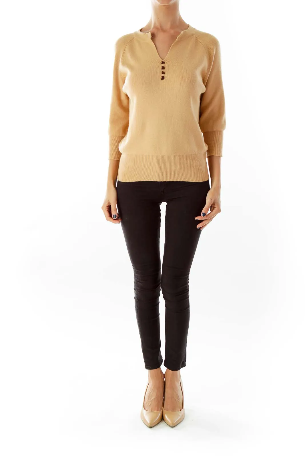 Beige Knit V-neck Sweater