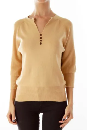 Beige Knit V-neck Sweater