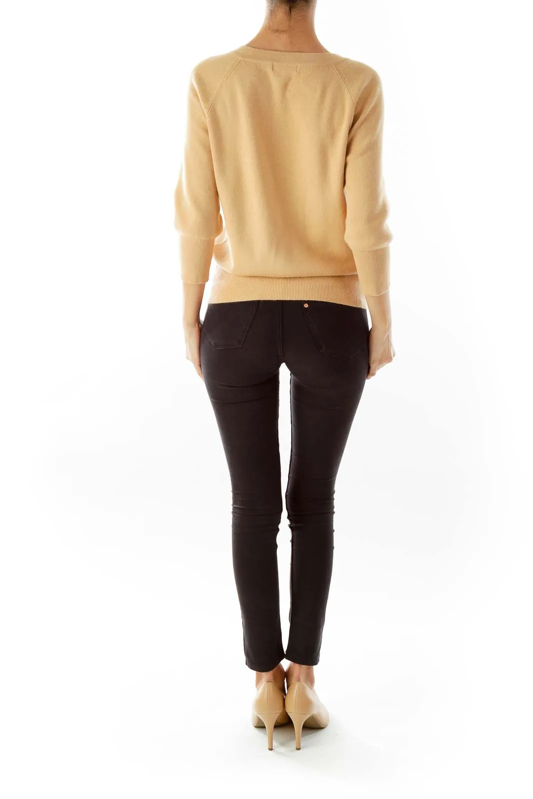 Beige Knit V-neck Sweater