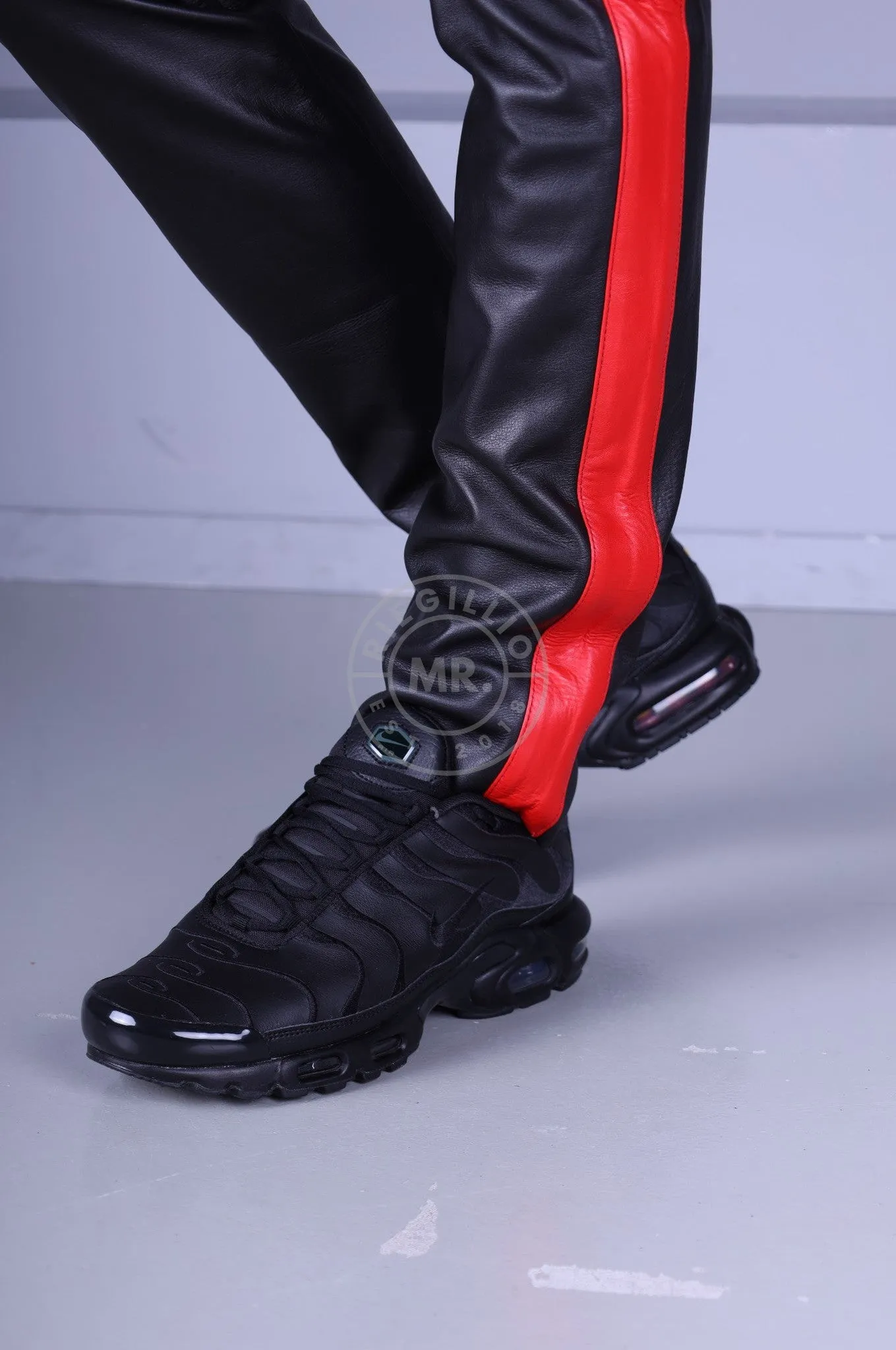 Black Leather 5 Pocket Pants - Red Stripe