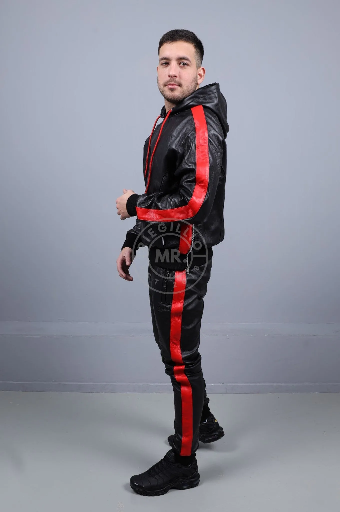 Black Leather Sports Pants - Red Stripe