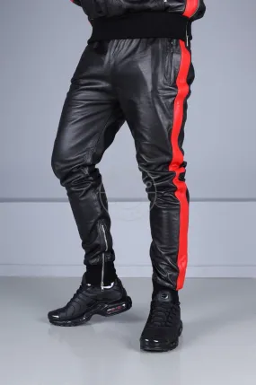 Black Leather Sports Pants - Red Stripe