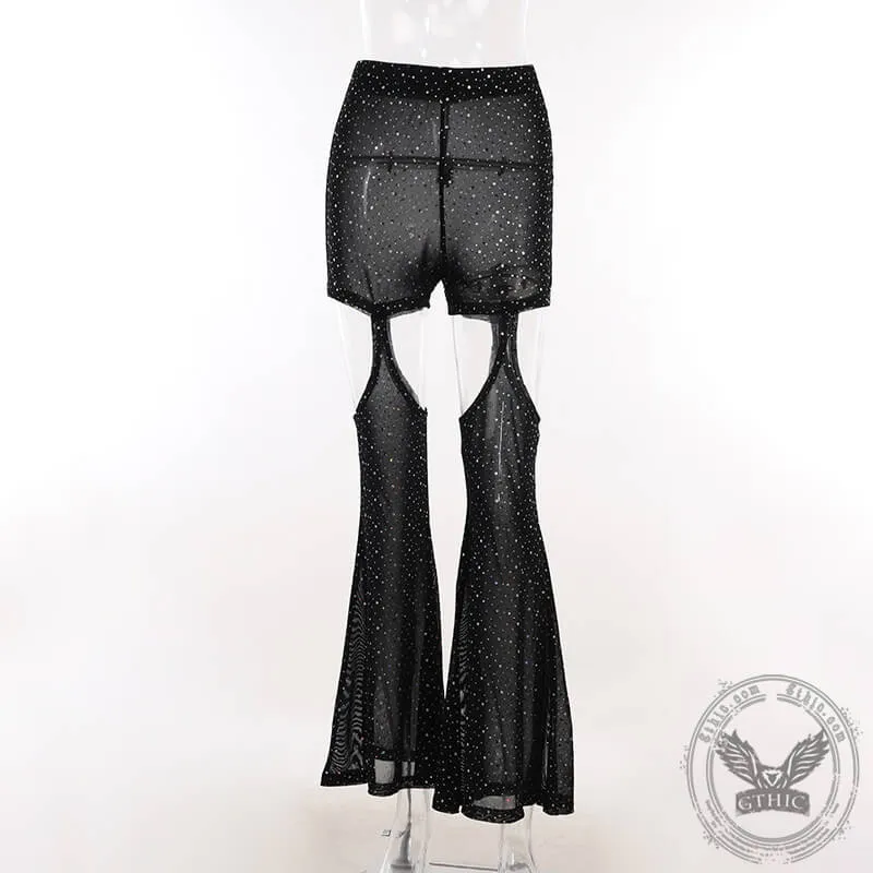 Black Mesh Rhinestone Hollow High-Waisted Flared Pants