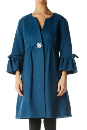 Blue Wool Cotton Round Neck Flared Sleeves Coat