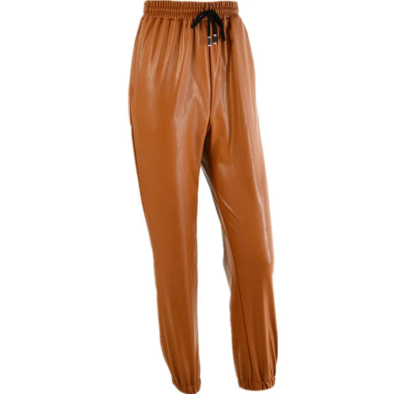 Brown Leather Pants Loose Elastic Force Sexy Leather Pants Autumn and Winter Ankle-Tied Bandage Leather Pants