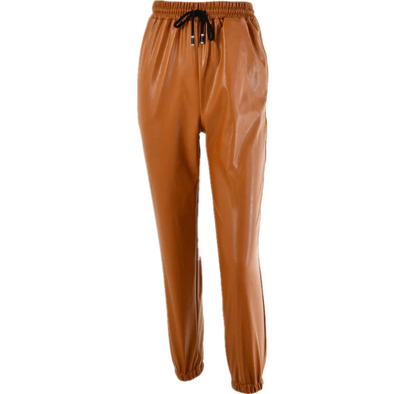 Brown Leather Pants Loose Elastic Force Sexy Leather Pants Autumn and Winter Ankle-Tied Bandage Leather Pants