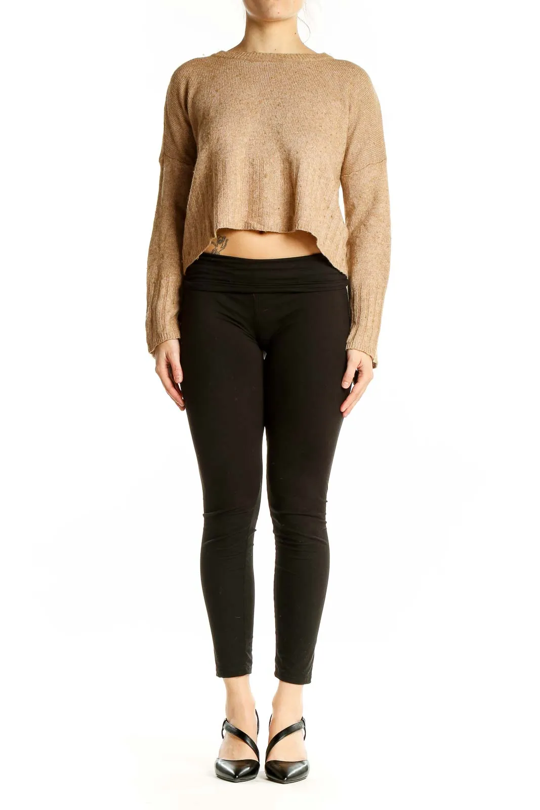 Camel Cropped Knit Sweater