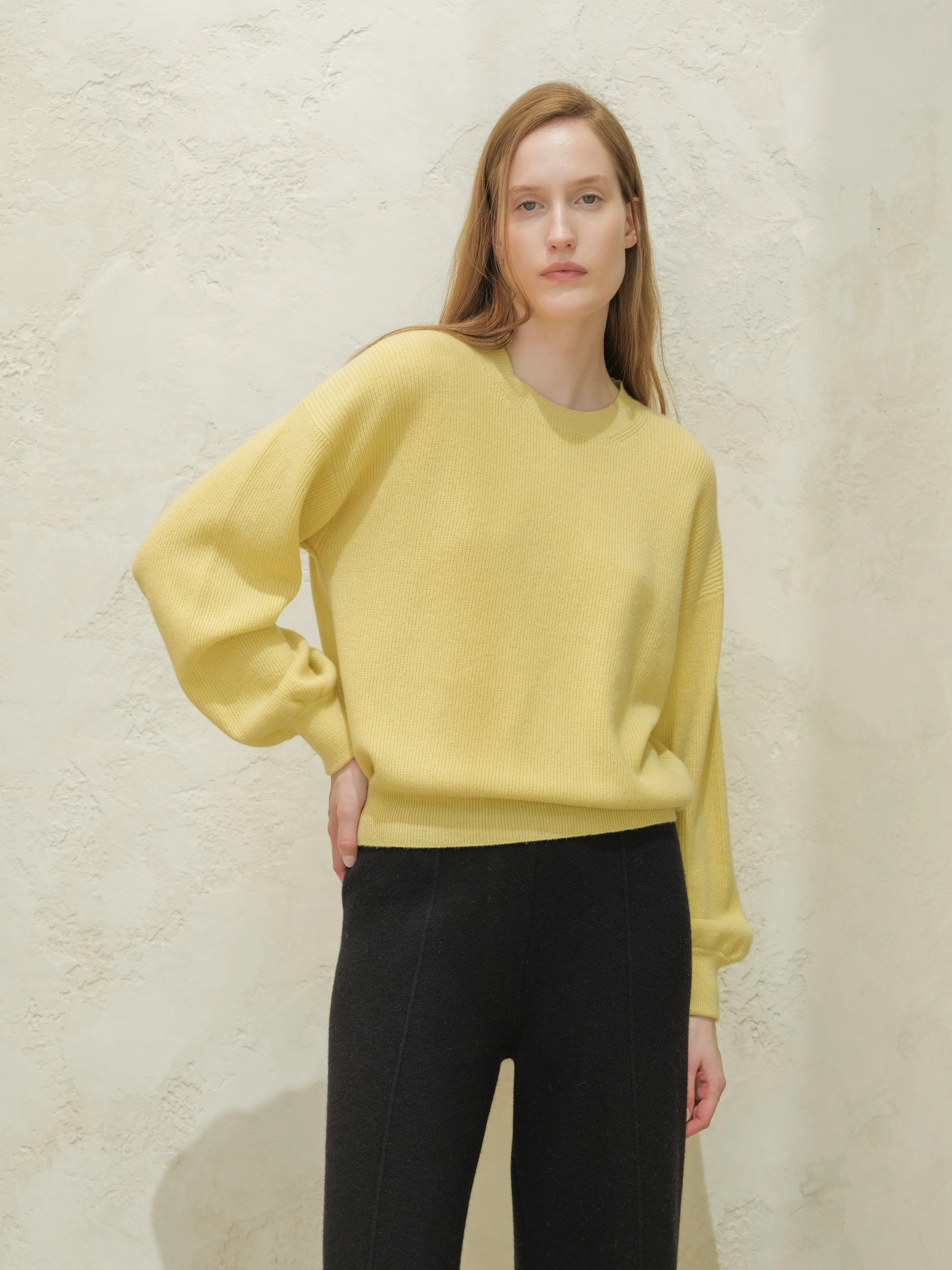 Cashmere Mix Ribbed Crewneck Sweater with Balloon Sleeves