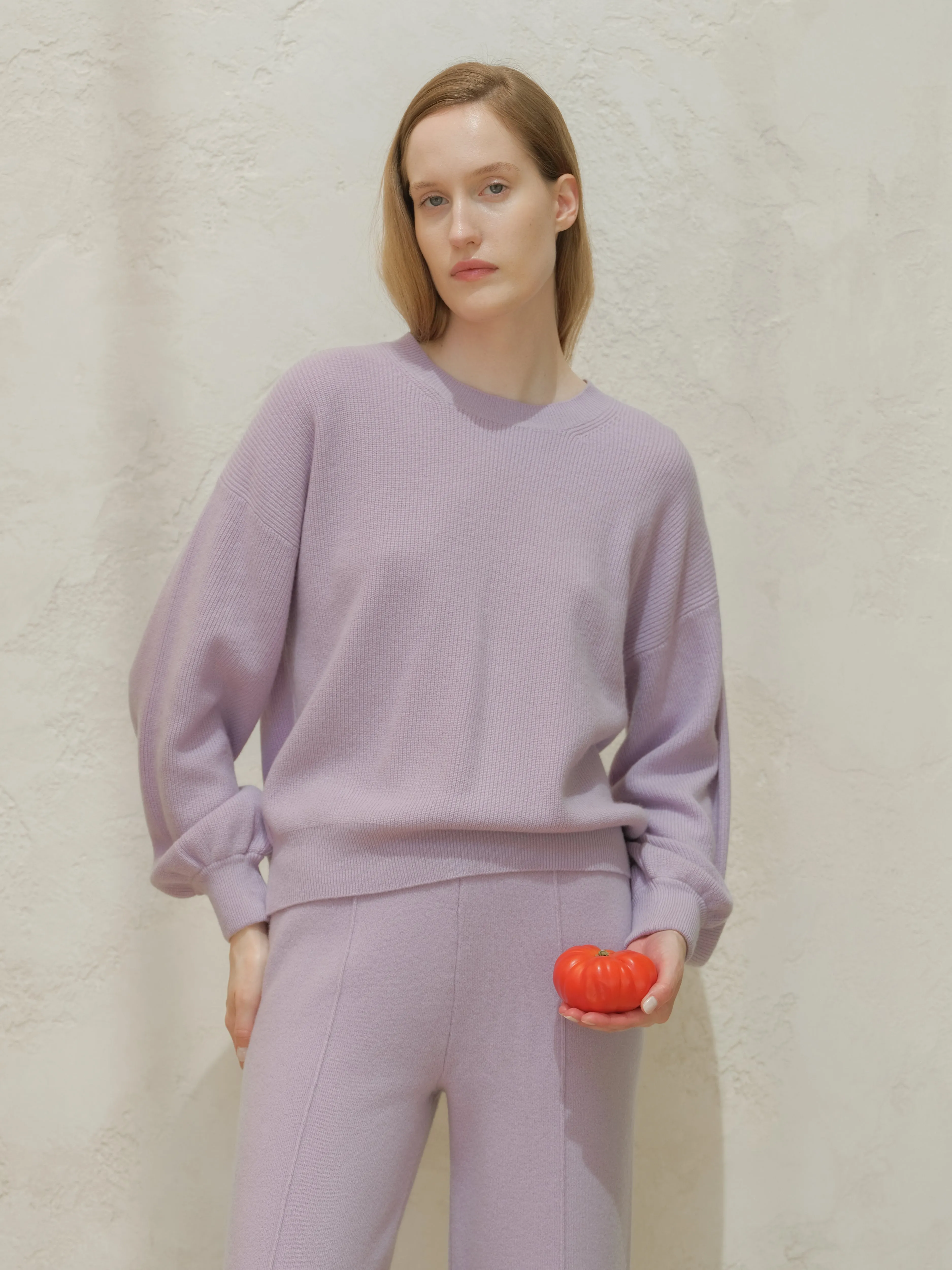 Cashmere Mix Ribbed Crewneck Sweater with Balloon Sleeves