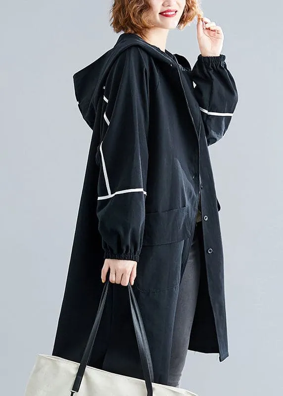 Classy Black Button Pockets Loose Fall Long sleeve Hooded Coat