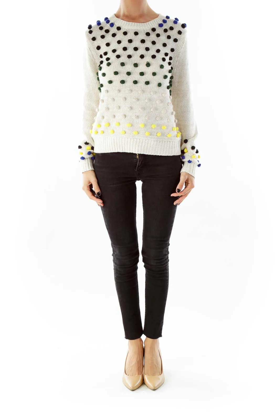 Creme Knit Sweater with Multicolor Dot Detail