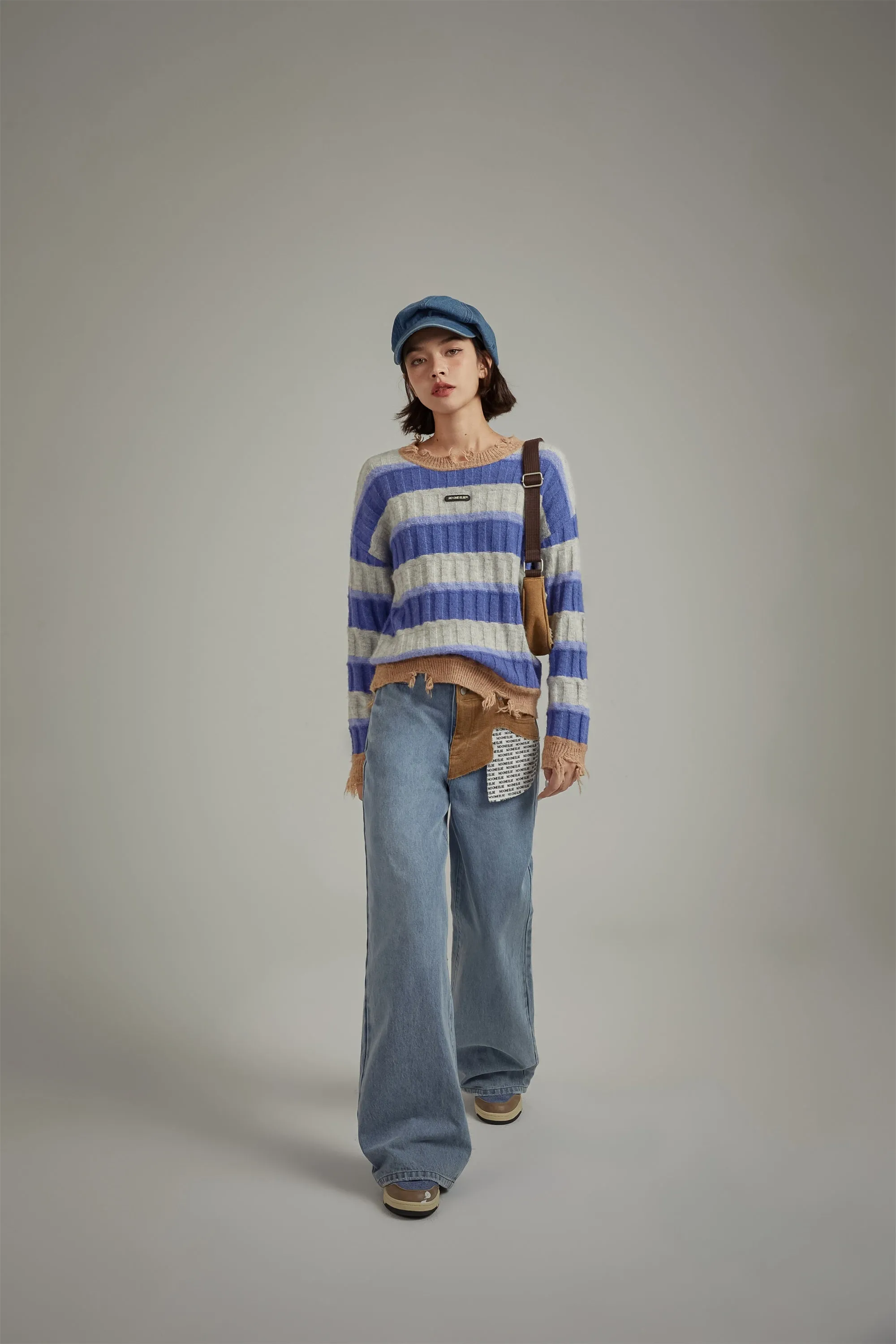 Distressed Striped Loose Knit Sweater