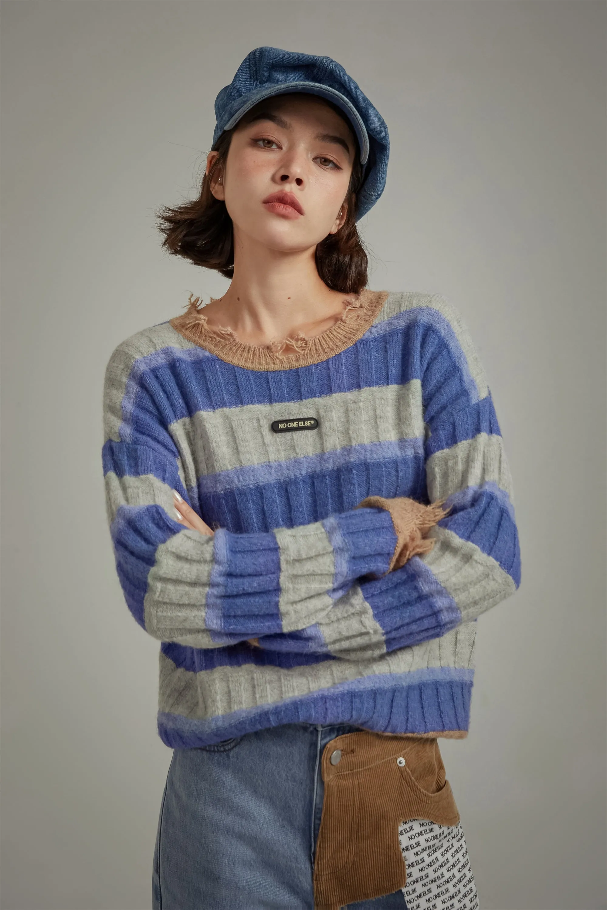 Distressed Striped Loose Knit Sweater