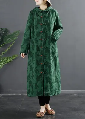 French Green Jacquard Hooded Chinese Button Robe Dresses