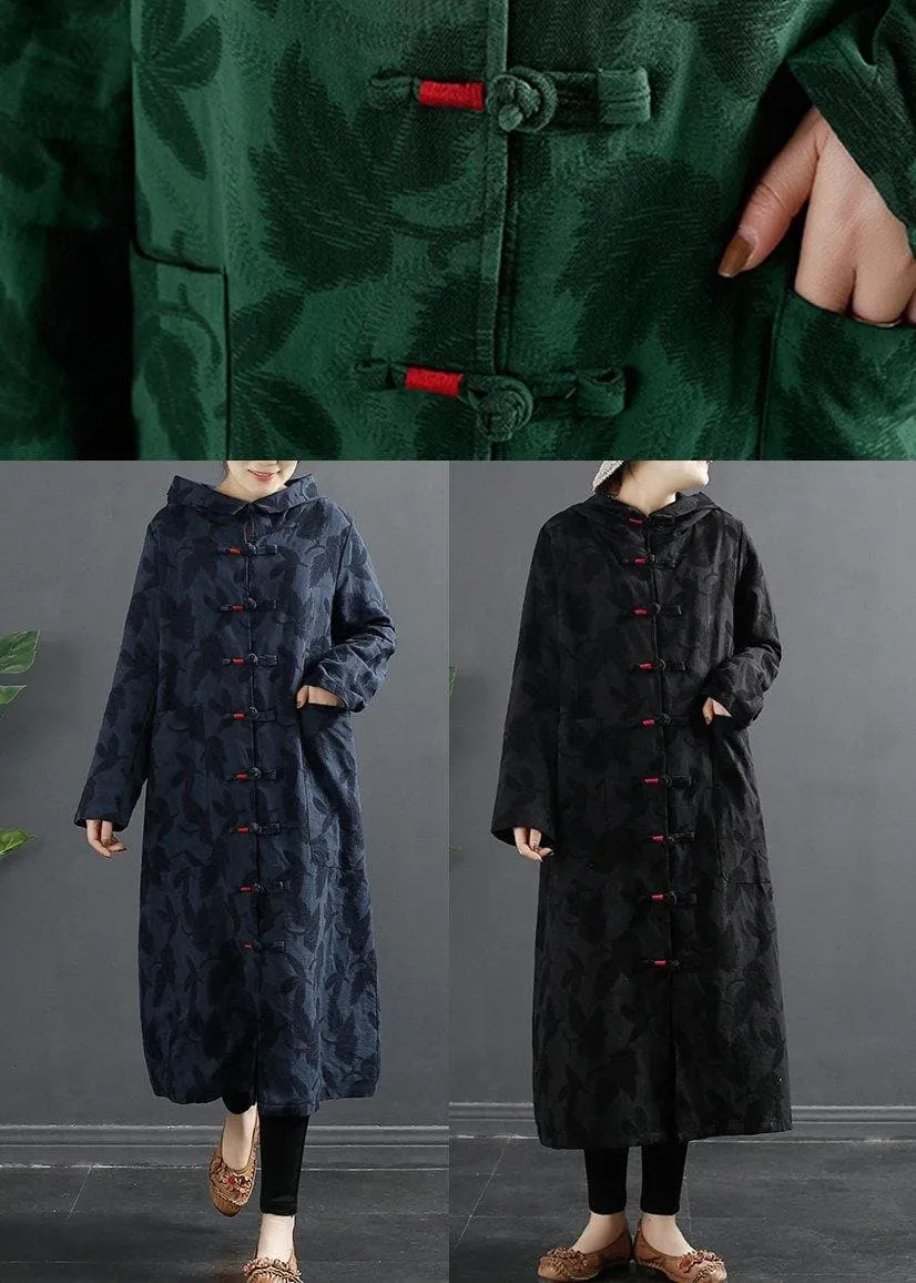 French Green Jacquard Hooded Chinese Button Robe Dresses