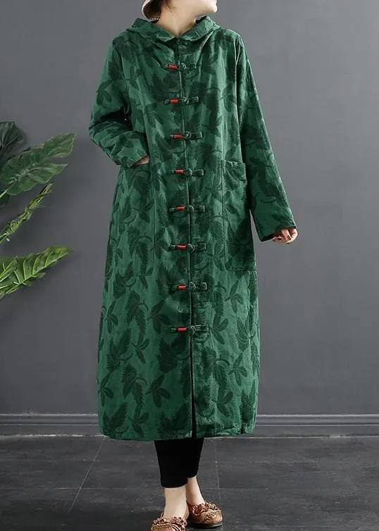 French Green Jacquard Hooded Chinese Button Robe Dresses