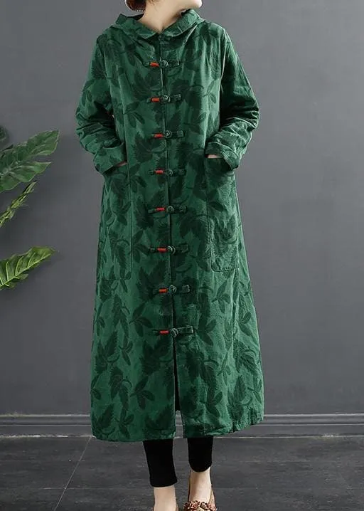 French Green Jacquard Hooded Chinese Button Robe Dresses