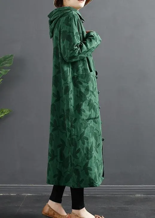 French Green Jacquard Hooded Chinese Button Robe Dresses