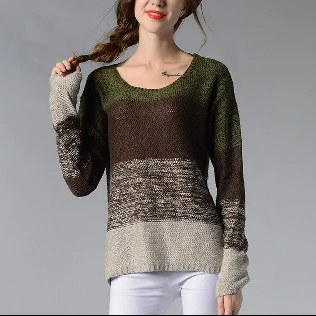 Gradient Stripe Round Neck Long Sleeve Sweaters