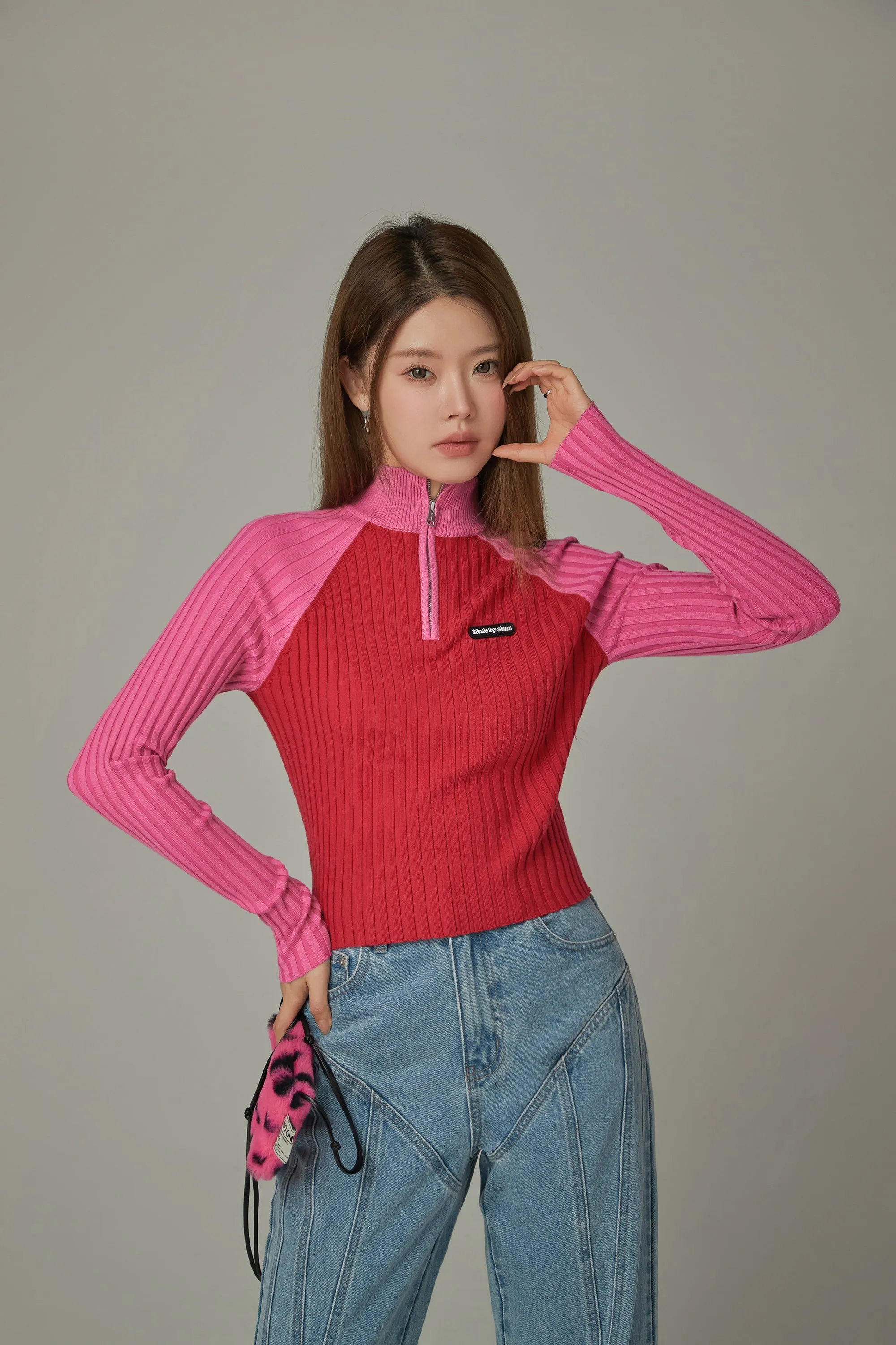 Half Zip-Up Color Knit Sweater