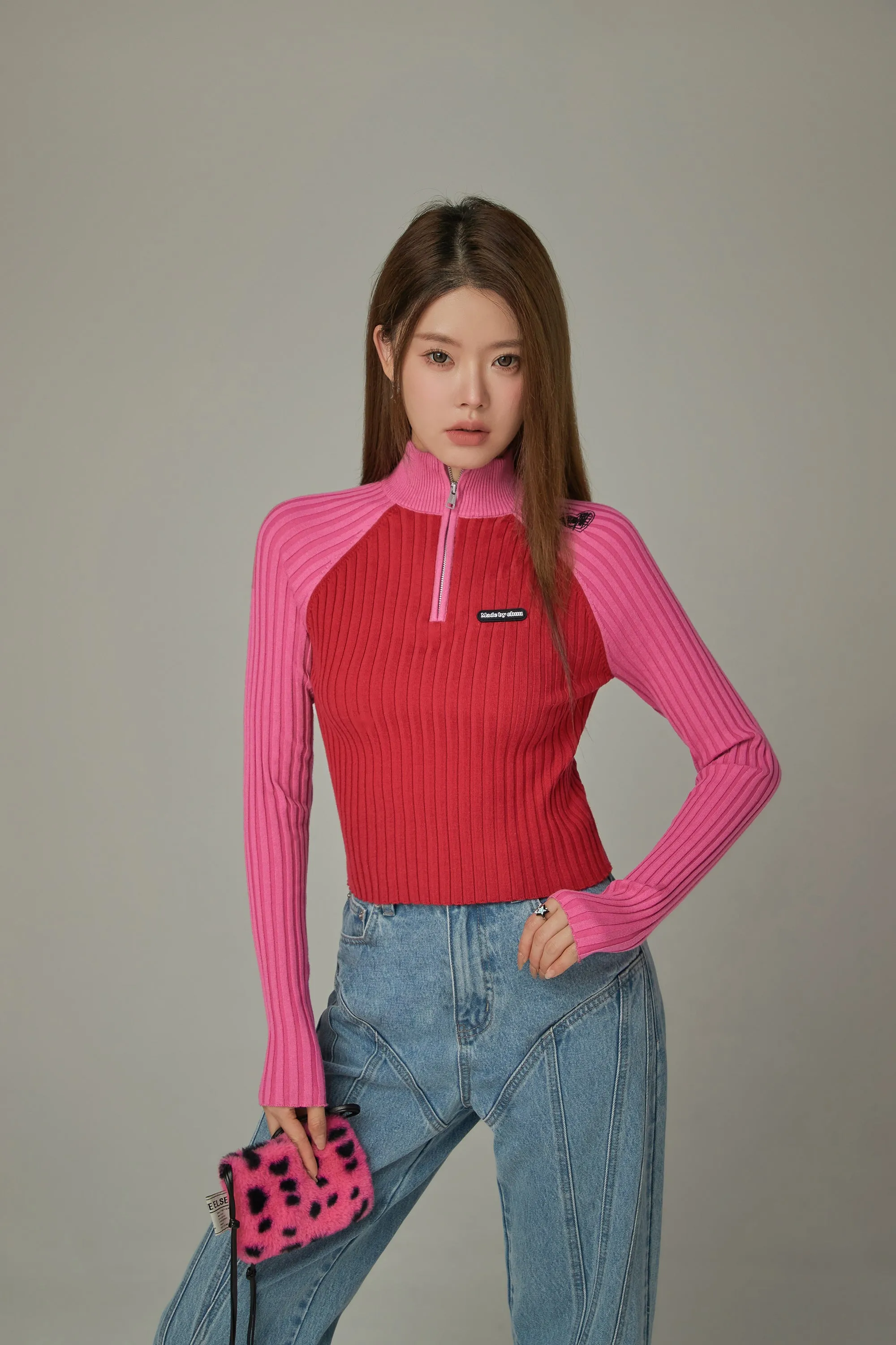 Half Zip-Up Color Knit Sweater