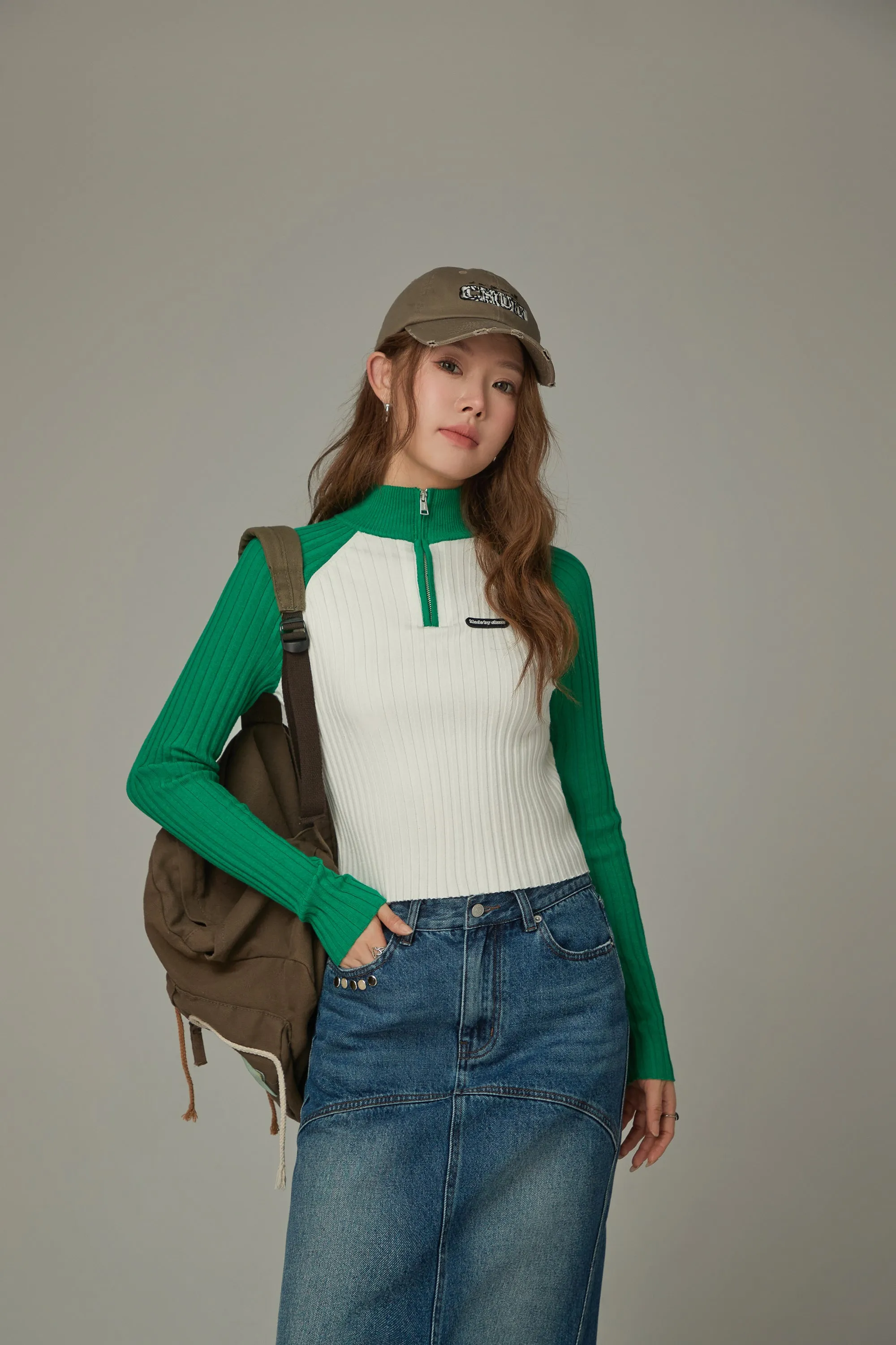 Half Zip-Up Color Knit Sweater