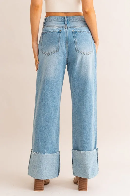 High-Waisted Wide Leg Cuffed Jeans