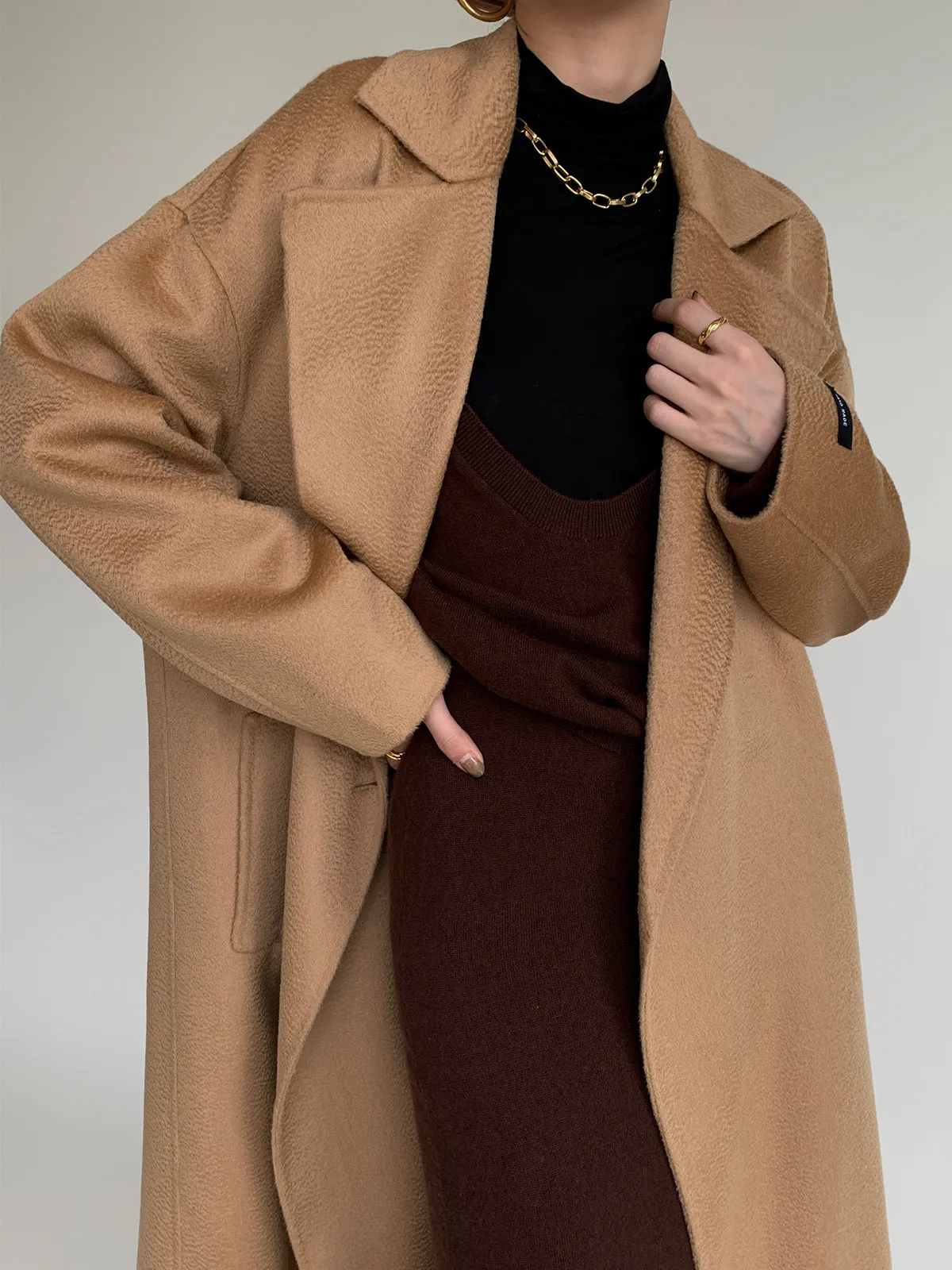 Iconic A-line Water Ripple Print Wool Coat - Camel