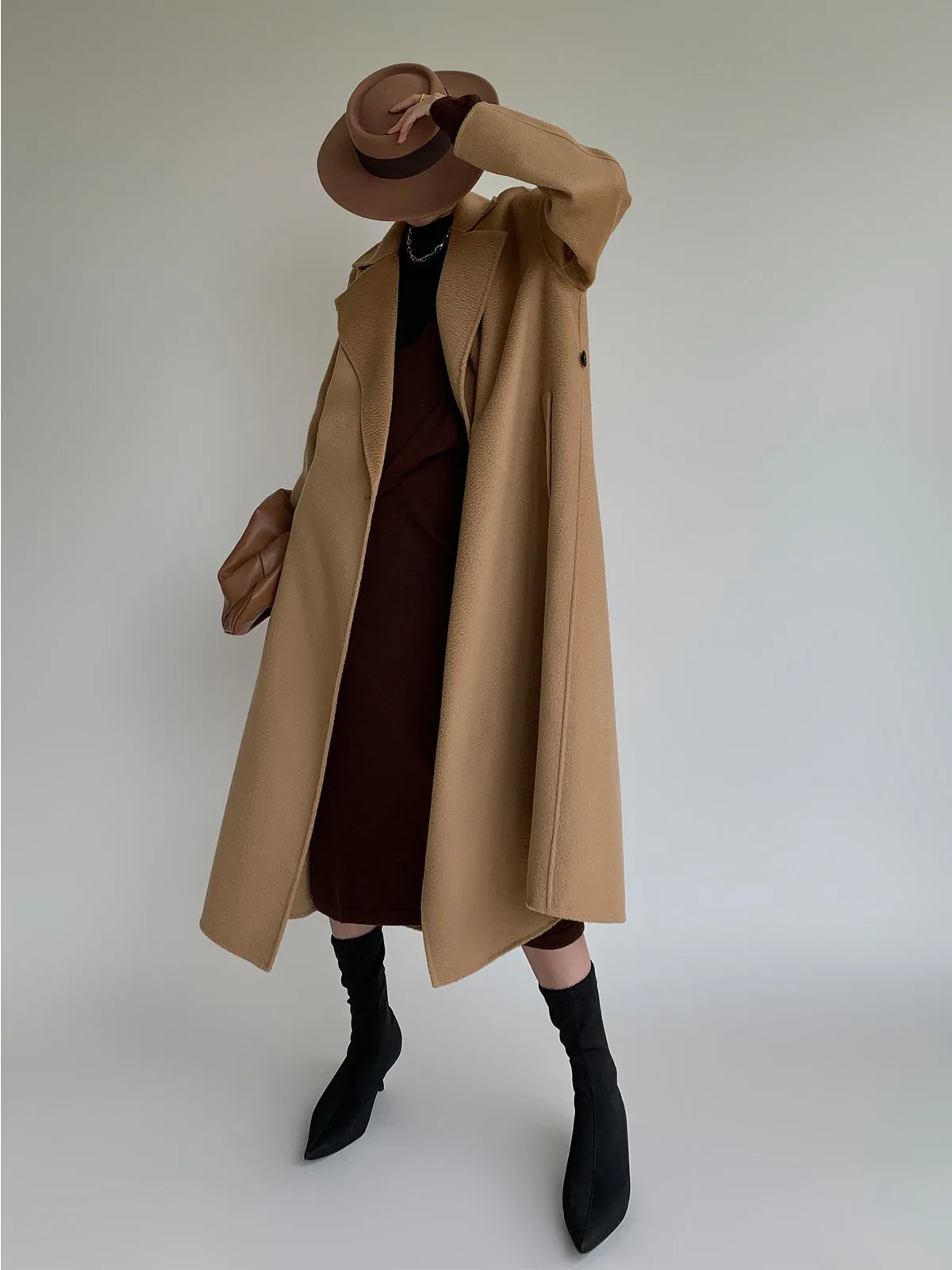 Iconic A-line Water Ripple Print Wool Coat - Camel