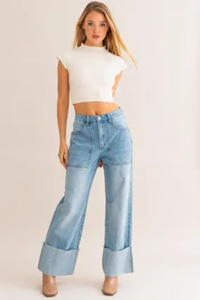 LE LIS High-Waisted Wide Leg Cuffed Light Denim Jeans