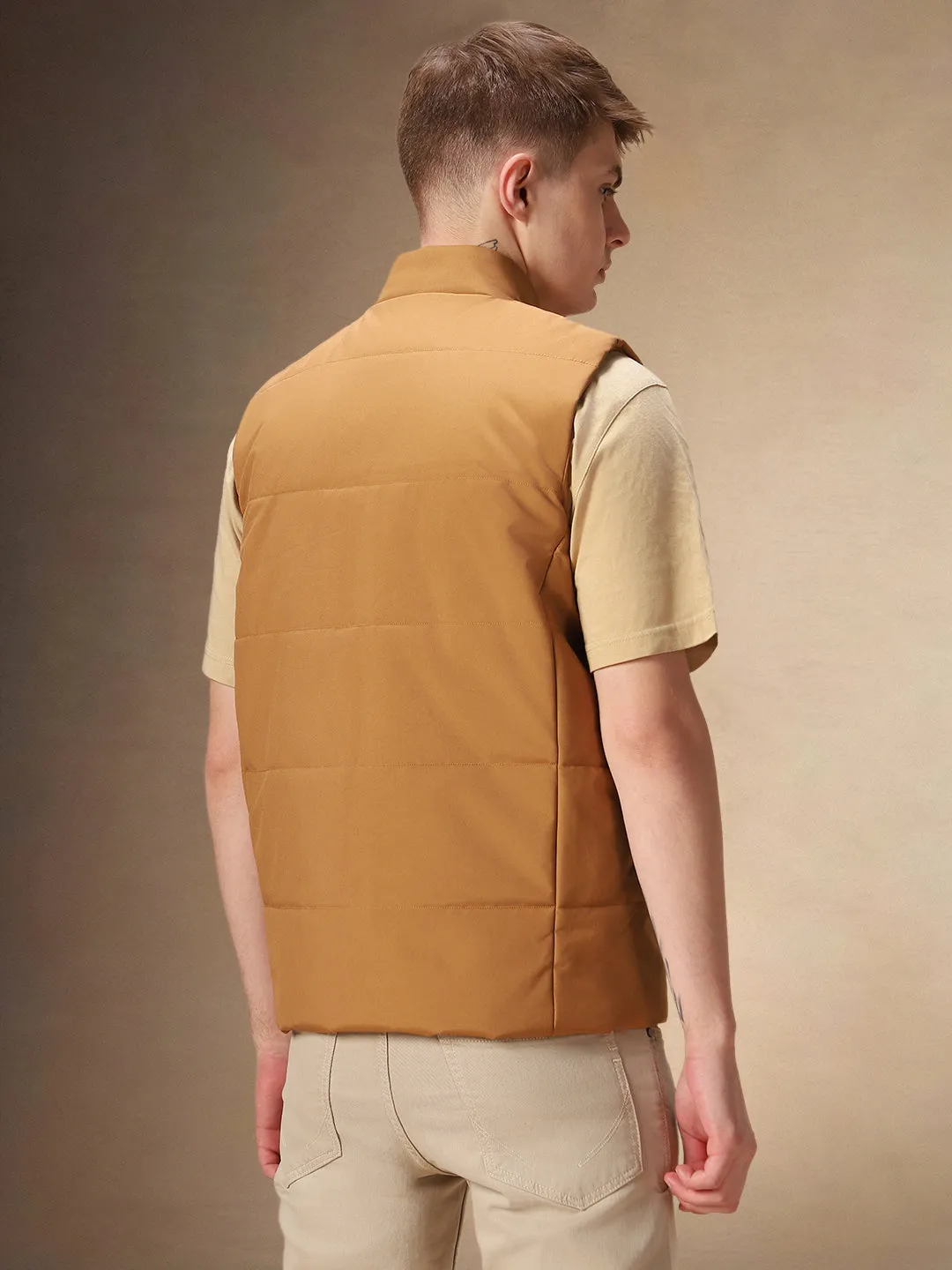 Men's Beige Solid Stand Collar Sleeveless Gilet Jacket