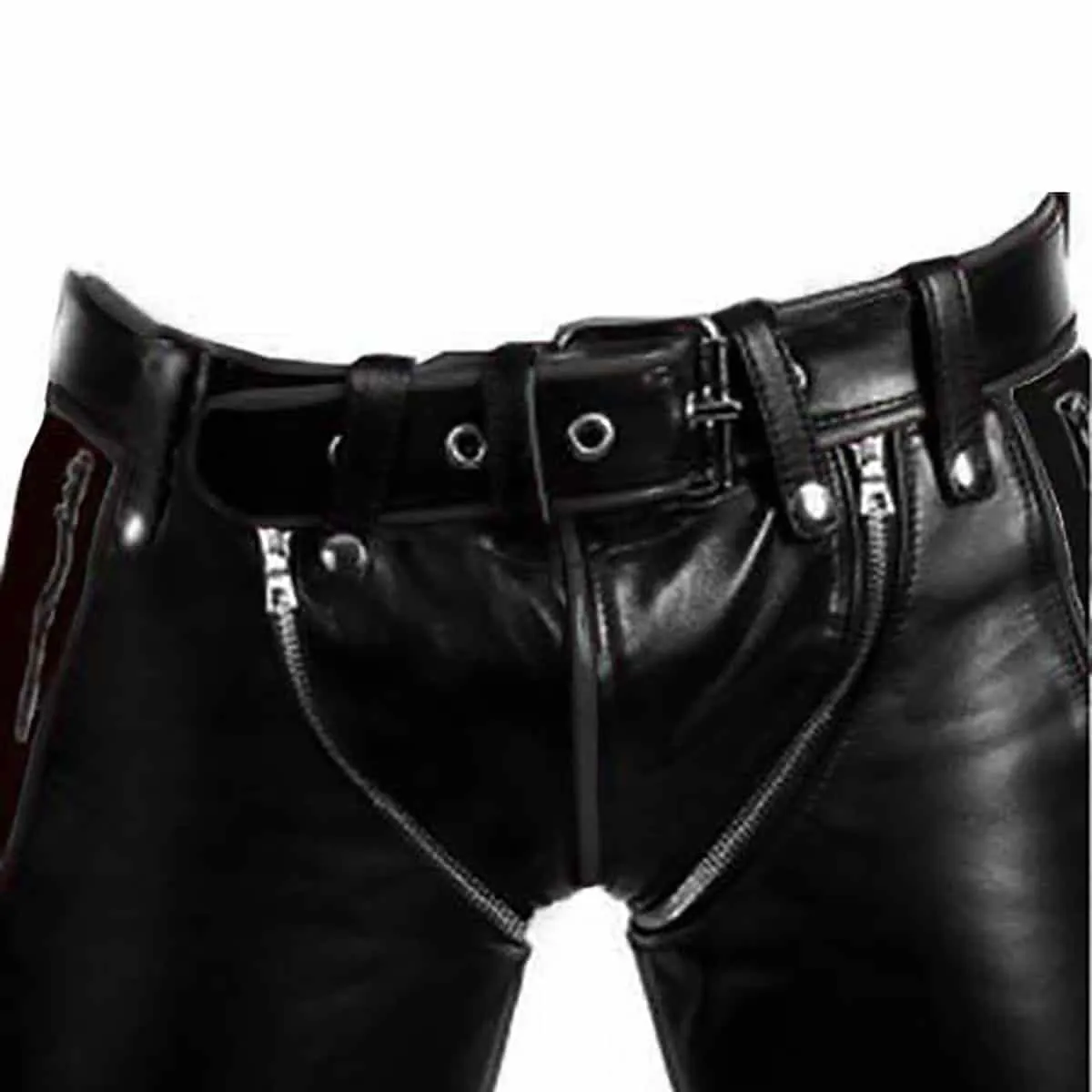 Mens Bondage Pants Black Leather Heavy Duty Jeans Trouser - (R2-Blk)