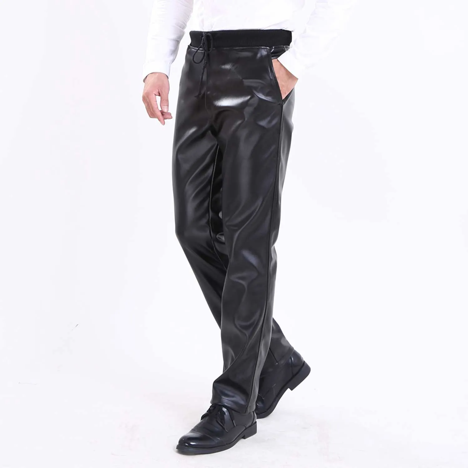 Mens Leather Pants Men's Elastic Waist Middle-Aged and Elderly Leather Pants Motorcycle Stain-Resistant Oil-Proof Windproof Rain-Proof Leather Pants