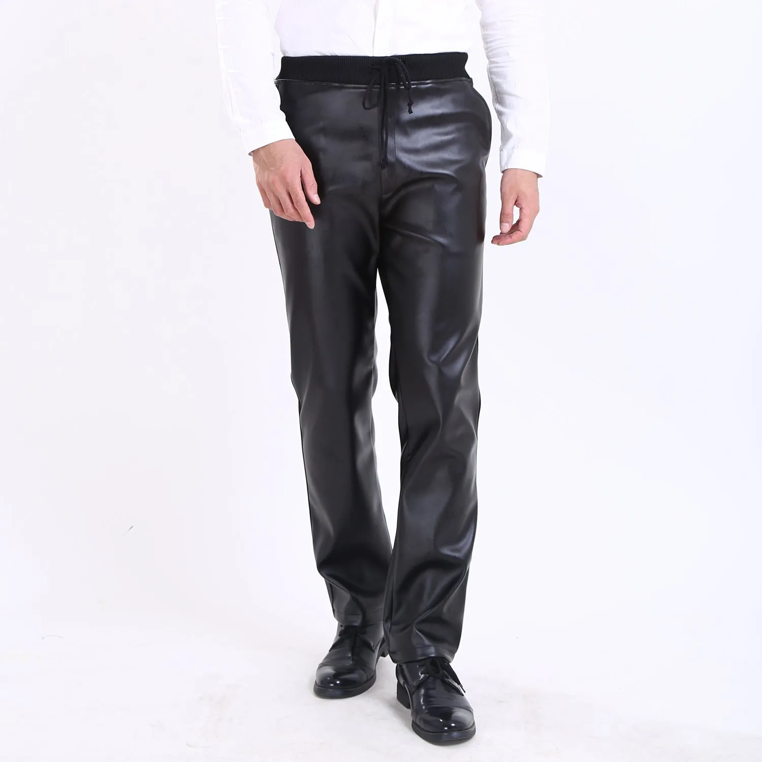 Mens Leather Pants Men's Elastic Waist Middle-Aged and Elderly Leather Pants Motorcycle Stain-Resistant Oil-Proof Windproof Rain-Proof Leather Pants