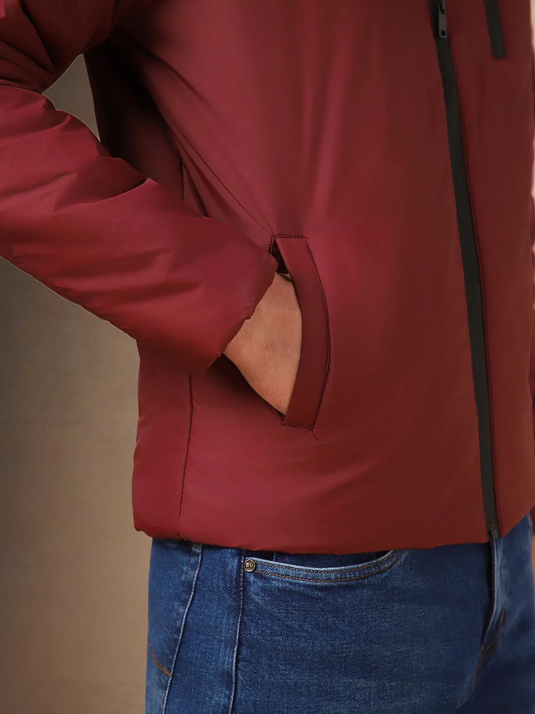 Men's Maroon Solid Mock Collar Full Sleeves Jacket