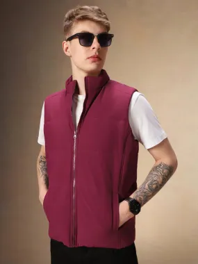 Men's Maroon Solid Stand Collar Sleeveless Gilet Jacket