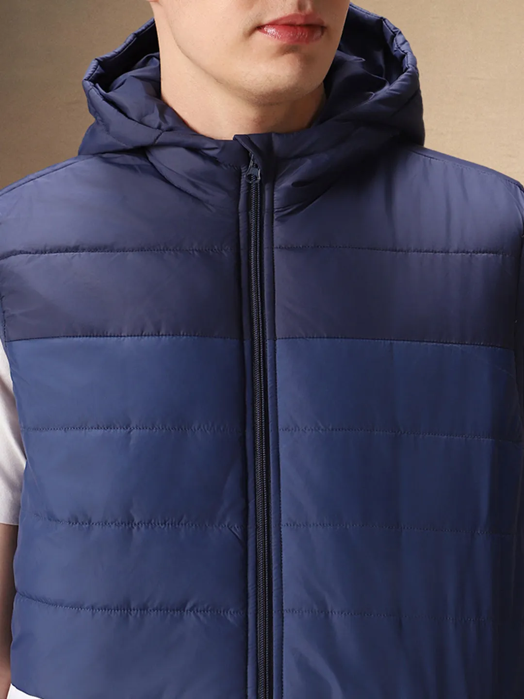 Men's Navy & White Colourblock Hooded Gilet Jacket