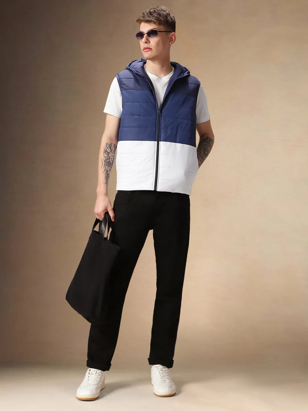 Men's Navy & White Colourblock Hooded Gilet Jacket