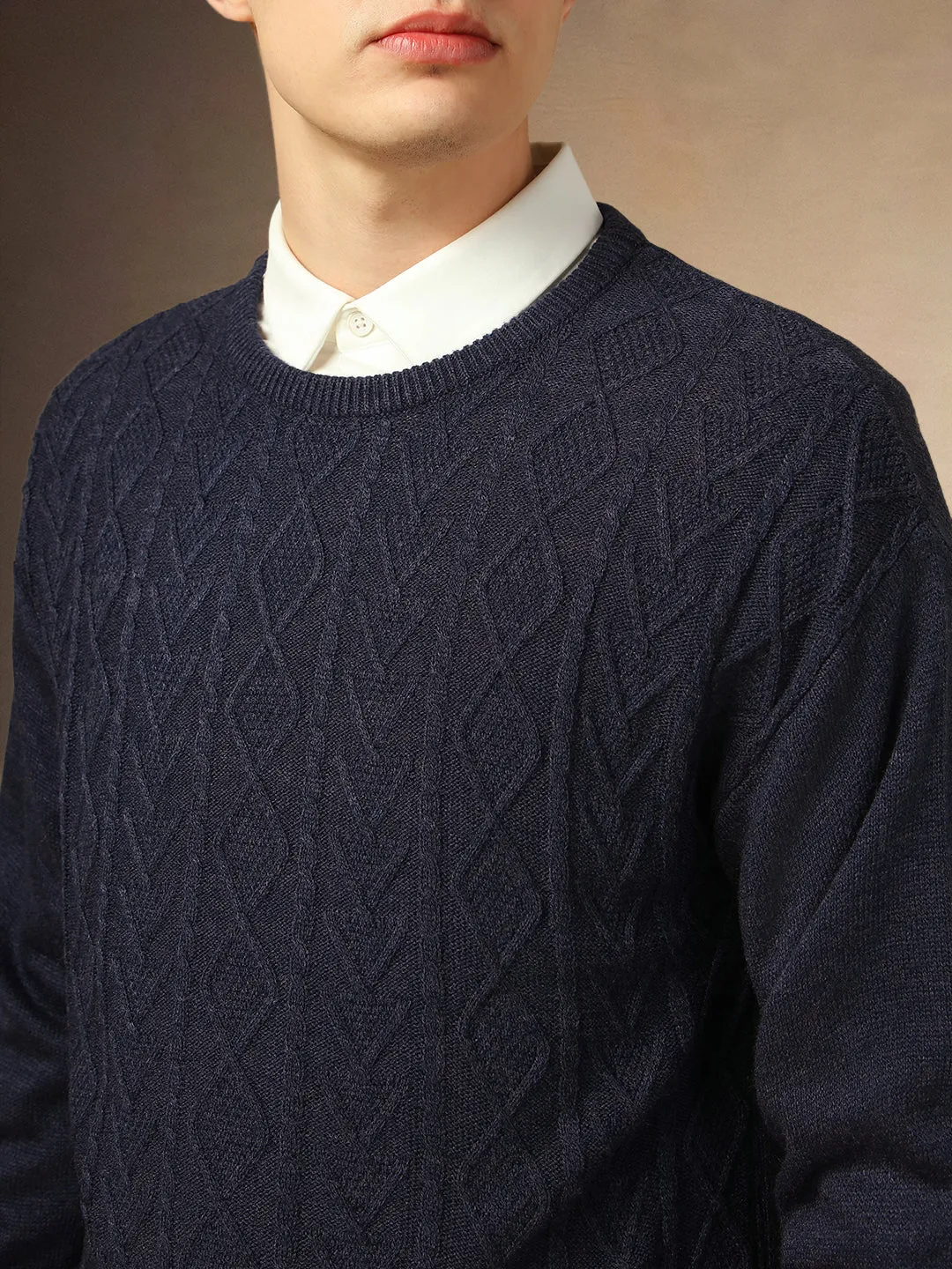 Men's Navy Blue Round Neck Cable Knit Pullover Sweater