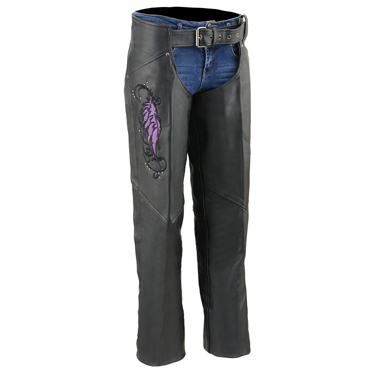 Milwaukee Leather Chaps for Women Black Naked Skin- Classic Black and Purple Wing Embroidery Motorcycle Chap ML1179