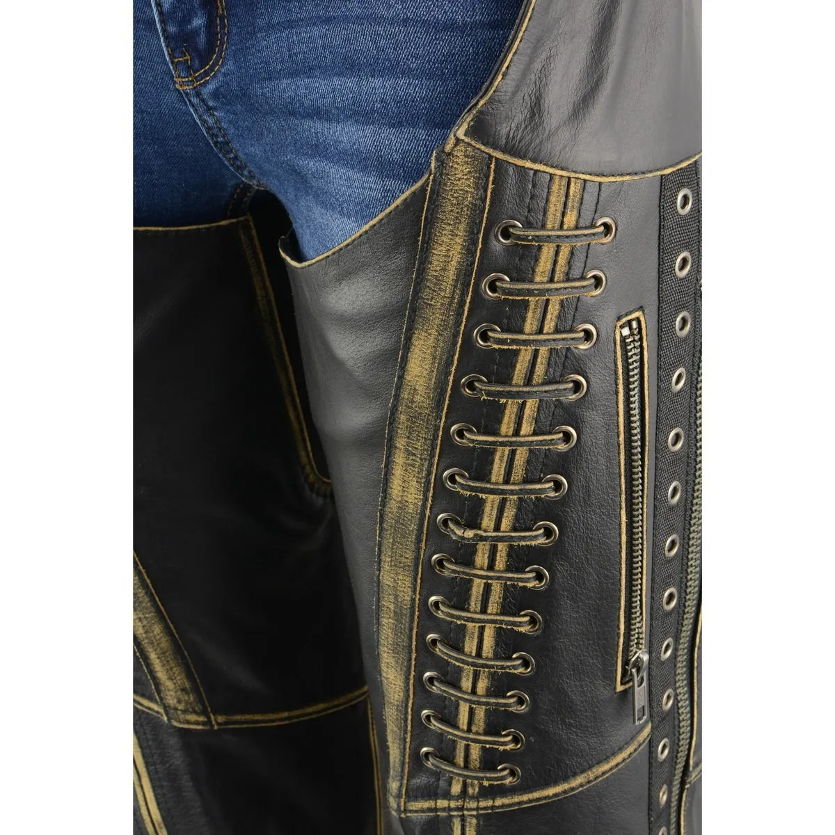 Milwaukee Leather Chaps for Women Black Premium Skin Rubbed Seams- Accented Lace Detailing Motorcycle Chap- MLL6527