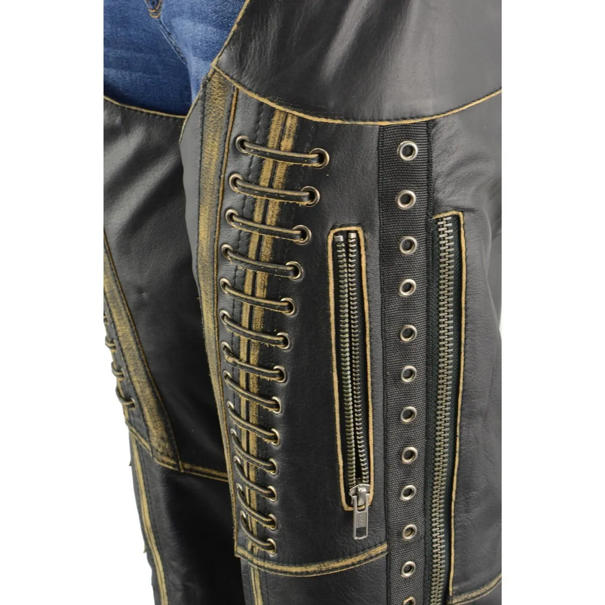 Milwaukee Leather Chaps for Women Black Premium Skin Rubbed Seams- Accented Lace Detailing Motorcycle Chap- MLL6527