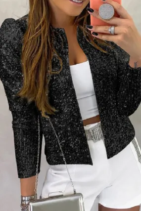 Purpdrank - Black Casual Patchwork Sequins Cardigan O Neck Outerwear