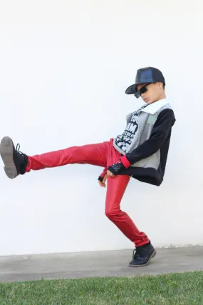 Red MJ Pants for kids unisex vegan leather Holiday Christmas Valentine's Halloween