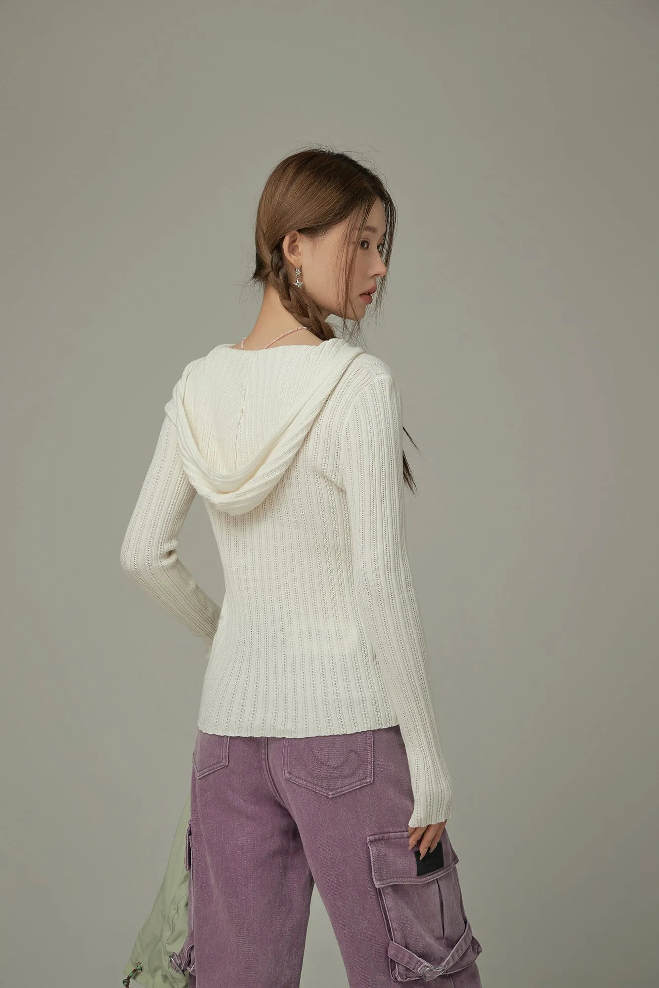 Slit Ribbed Hood Knit Sweater