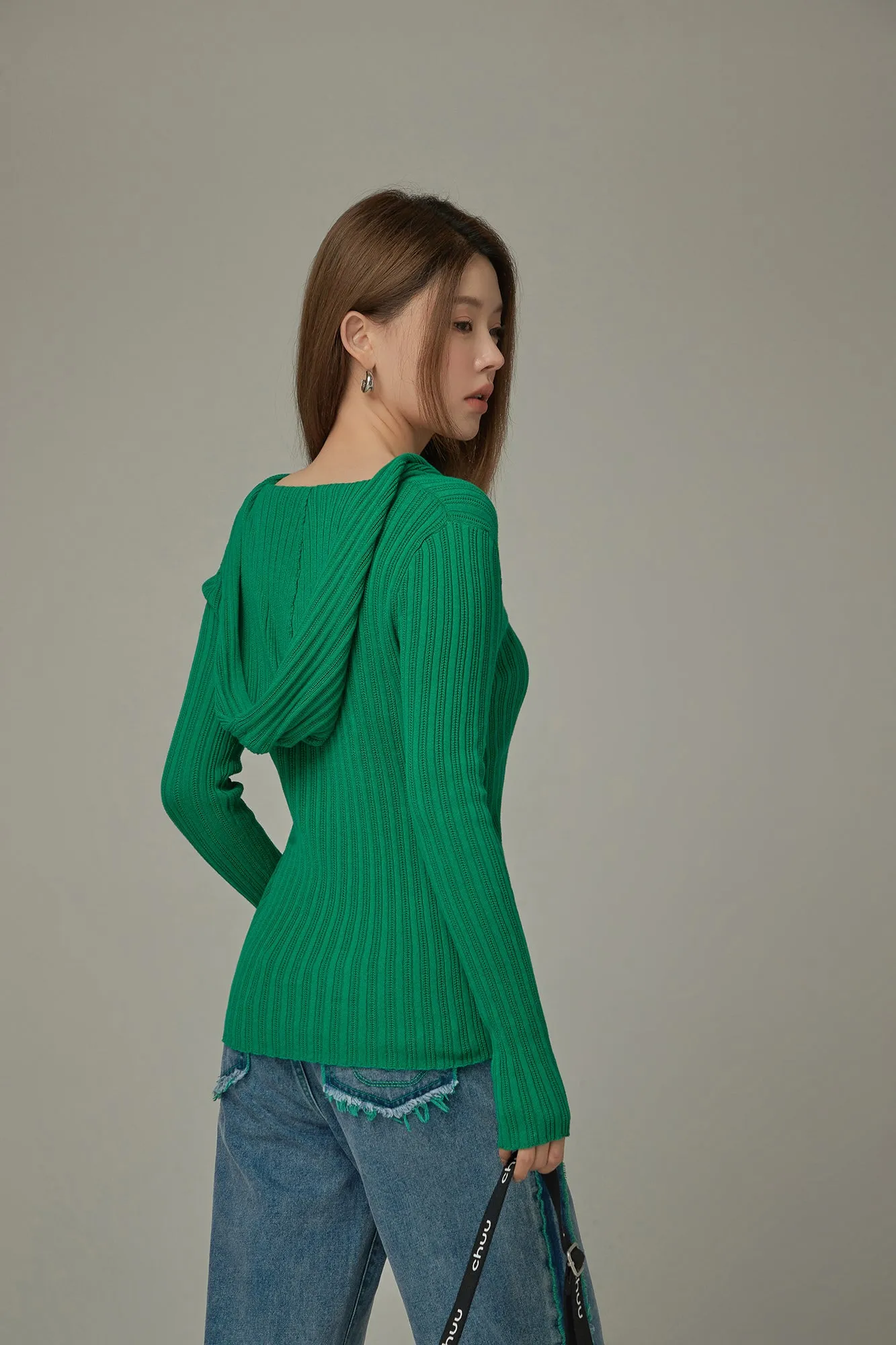 Slit Ribbed Hood Knit Sweater