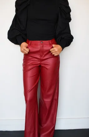 Straight Leg Leather Pants- Crimson