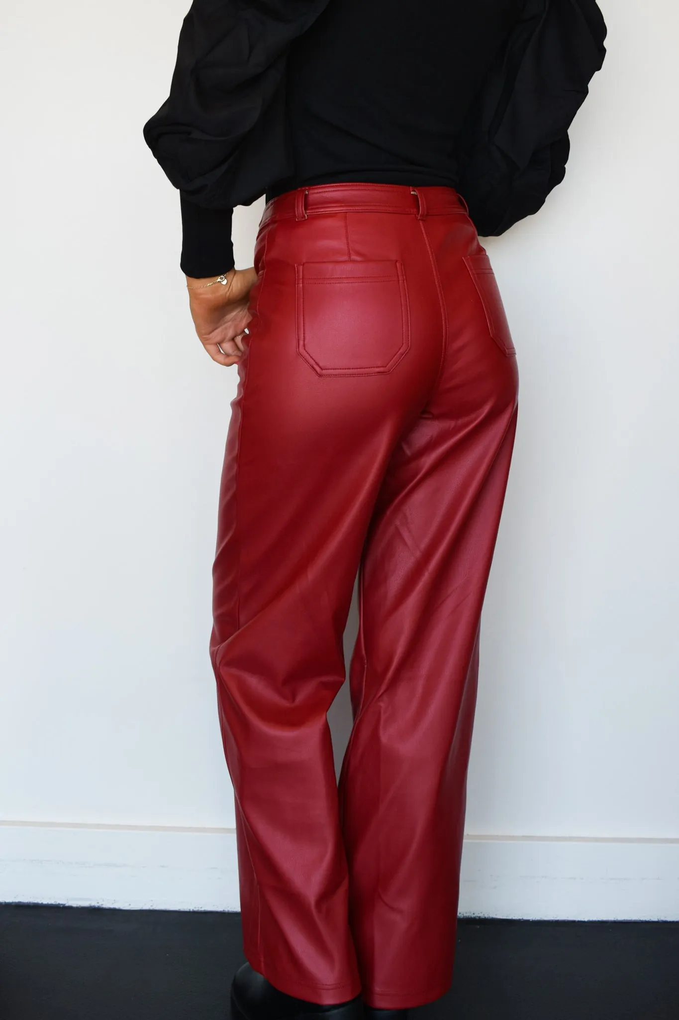 Straight Leg Leather Pants- Crimson